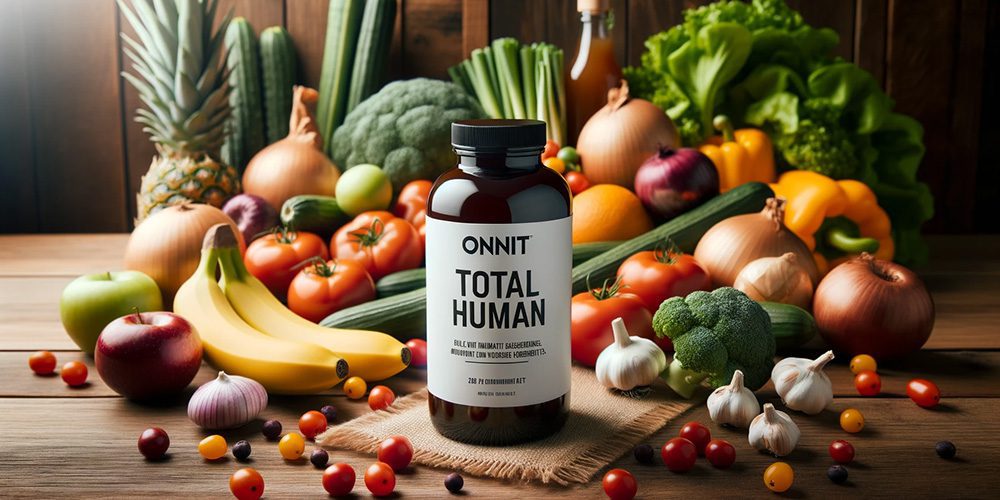 onnit total human with healthy vegetables and fruit